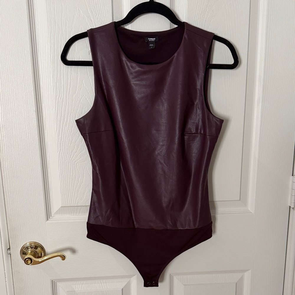 Express Deep Purple Faux Leather Bodysuit size medium body contour thong